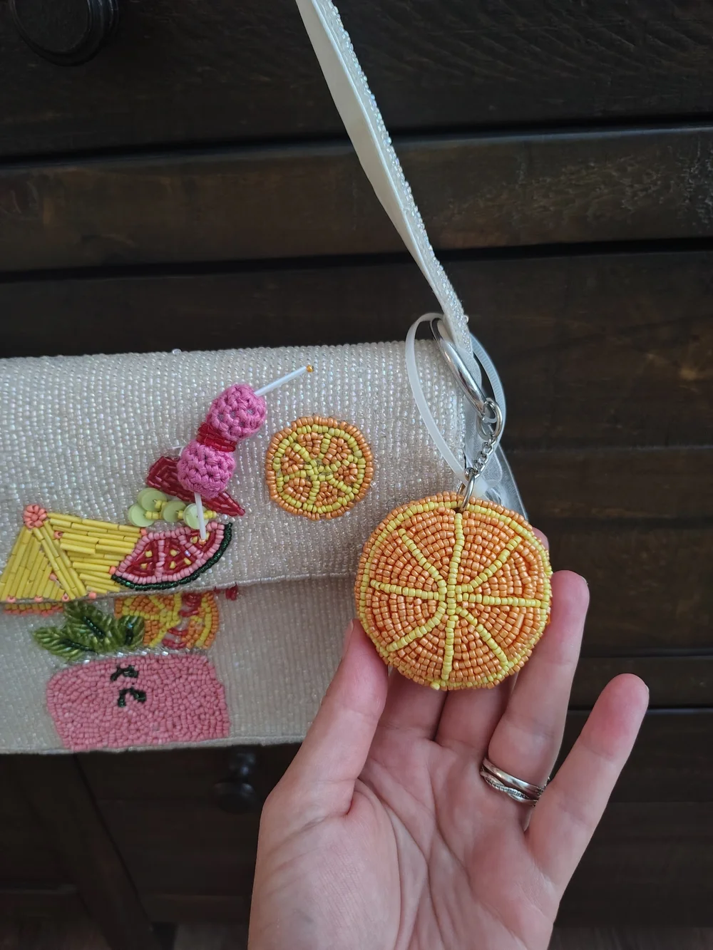 White Beaded Shoulder Bag with Colorful Coctail & Fruit Embellishments
